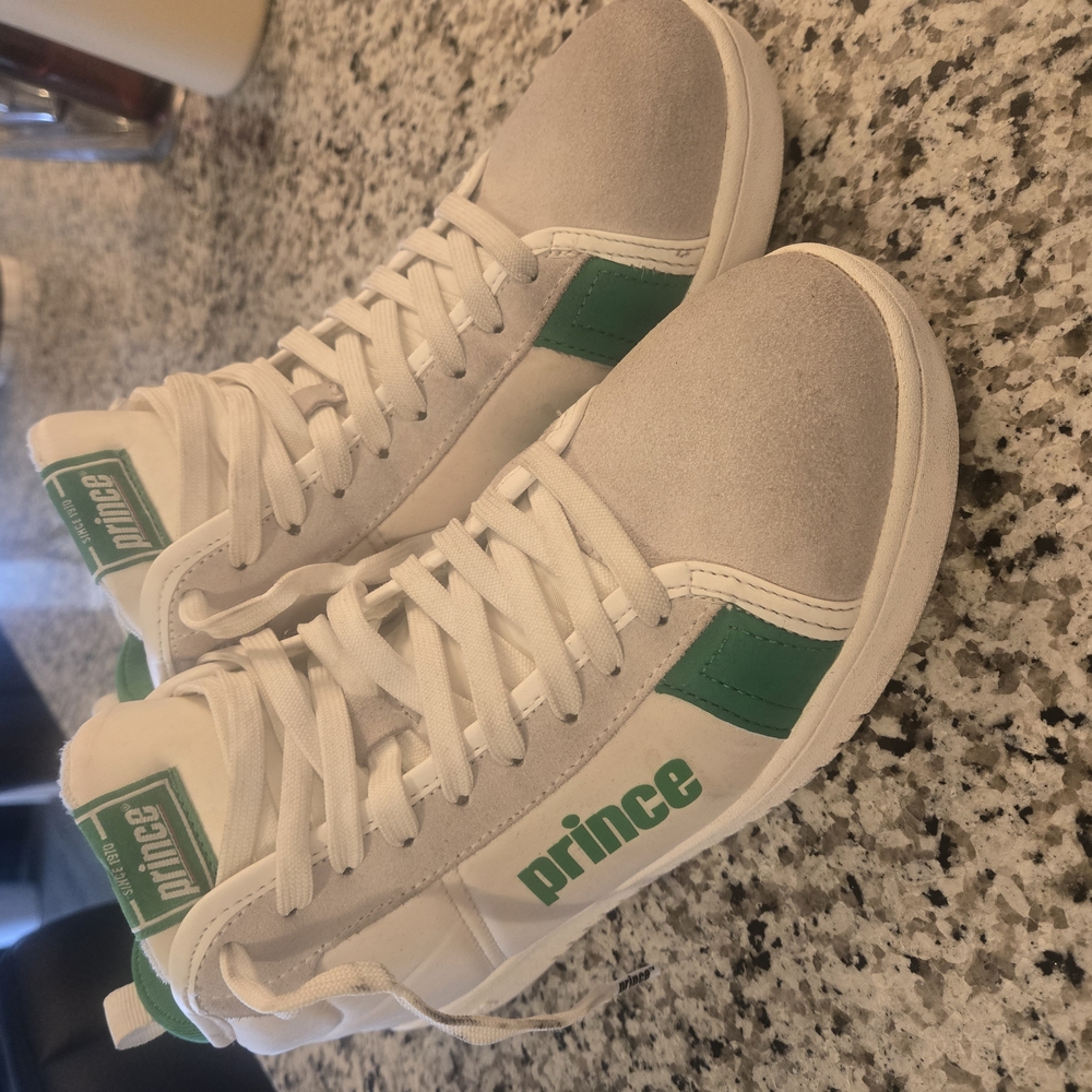 Prince White and Green High-Top Sneakers